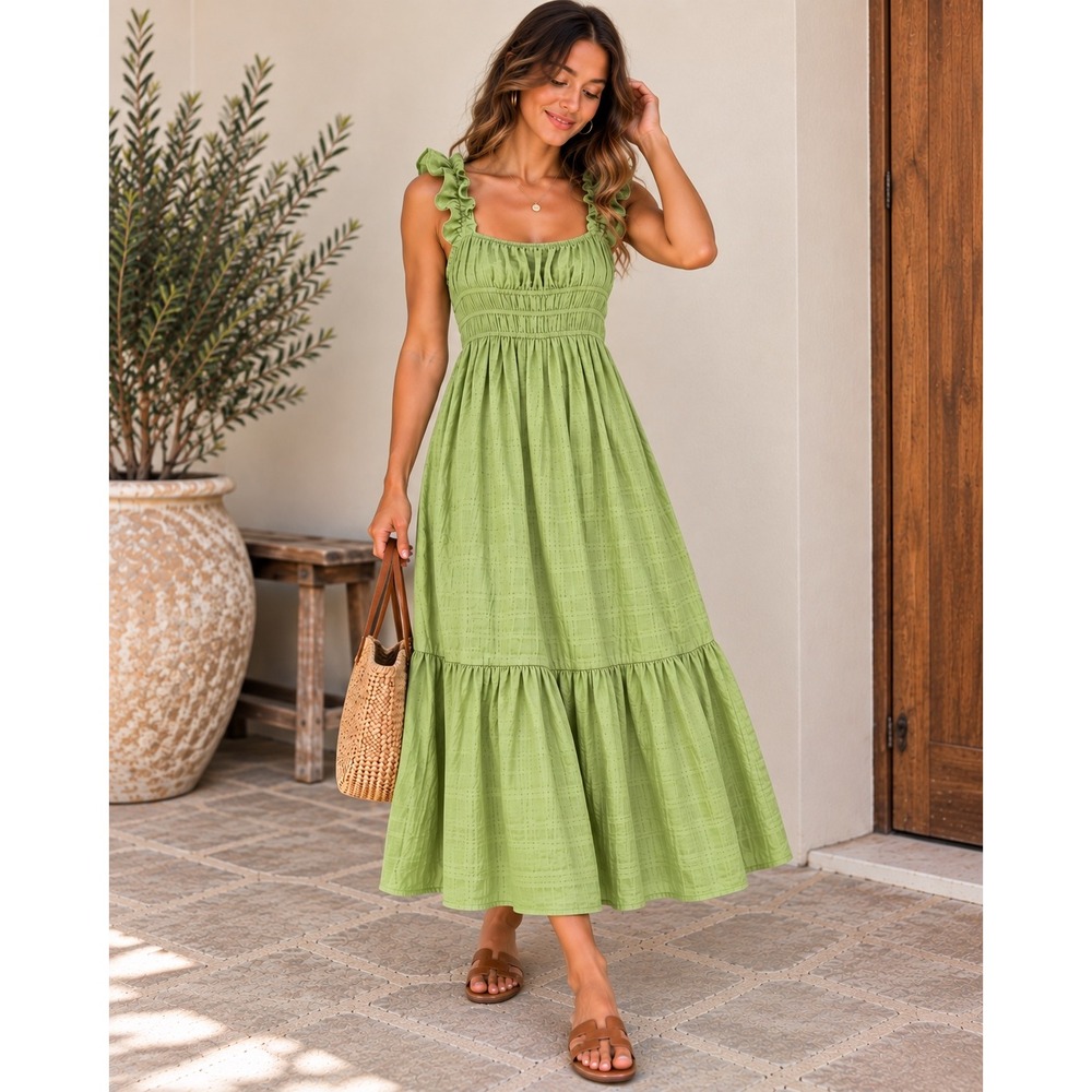 Kingston Grey Sage Green Ruffle Smocked Tiered Midi Dress Cottagecore Boho Large